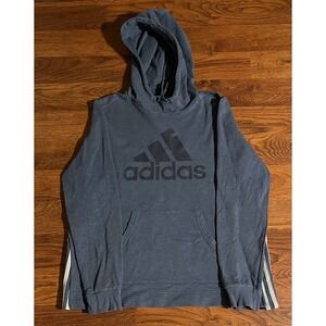 Adidas Mens Hoodie Pullover Logo Sweatshirt Blue Grey 3-Stripe Side Size Medium